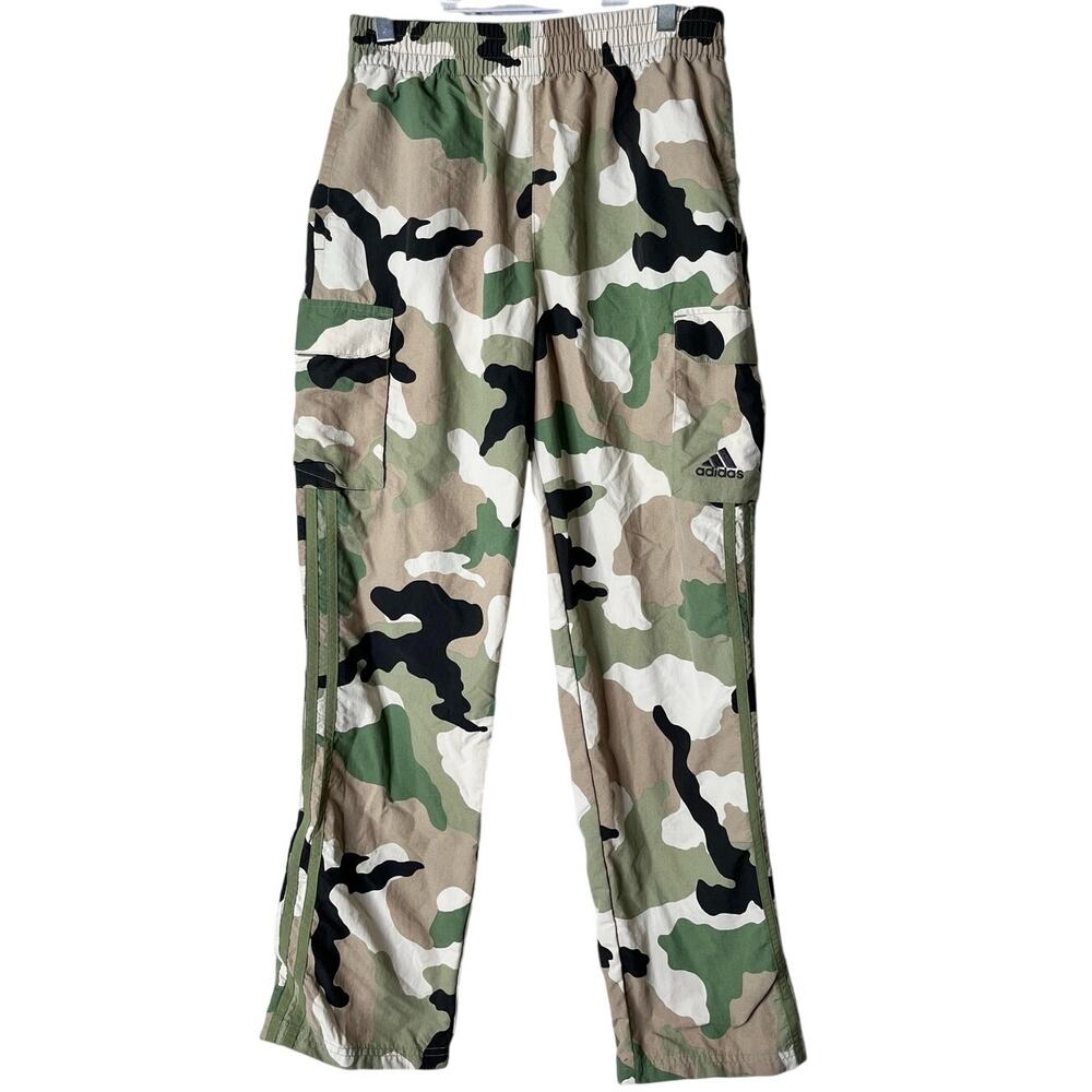 Adidas Camo Cargo Pants Youth L 14/16 Loose Fit 3-Stripes Green Tan Nylon Baggy